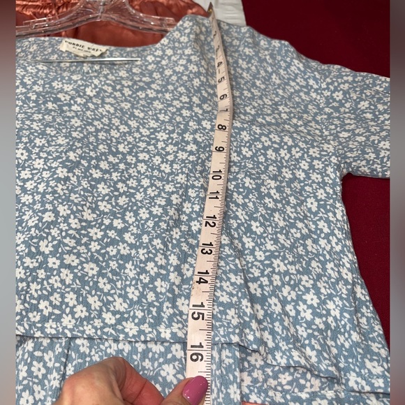 Bobbie Wren BLUE Floral TOP/PANTS SET rayon Vneck cropped minimal prairie set S - Picture 9 of 16